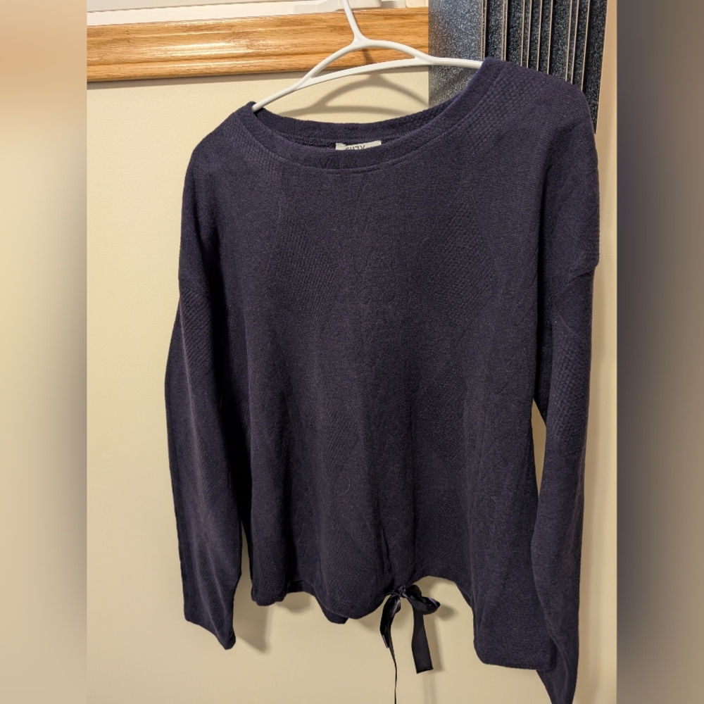 Navy Blue Knit Sweater with Tie Hem